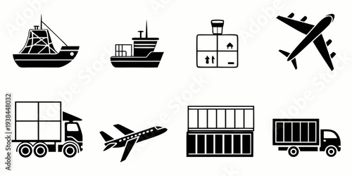 Diverse modes of transportation and shipping containers depicted in a single image. Vector