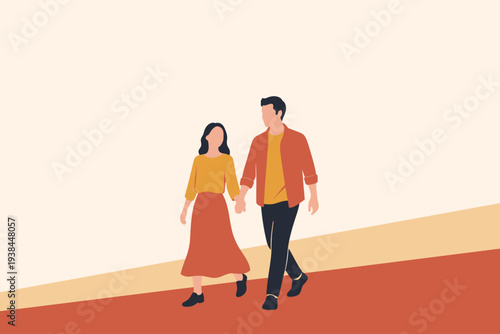 Young couple walking hand in hand on romantic stroll