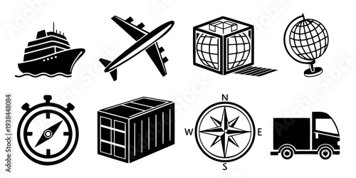 Assorted icons representing travel, logistics, and global connectivity Vector