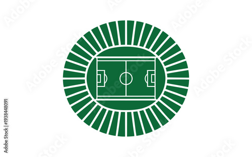 A green and white logo of a soccer field with sunburst design elements