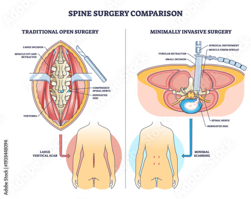 Spine surgery comparison shows open vs minimally invasive methods, highlighting vertebra, herniated disc, and spinal nerve to explain incision and scarring differences, transparent background.