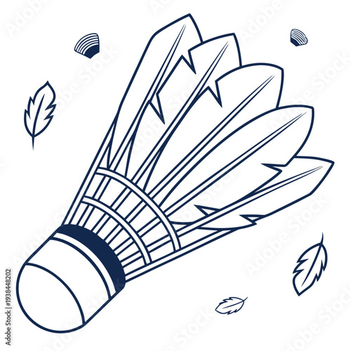 A detailed illustration of a badminton shuttlecock surrounded by scattered feathers Vector