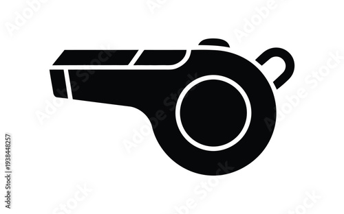 A black and white illustration of a referee whistle on a plain background