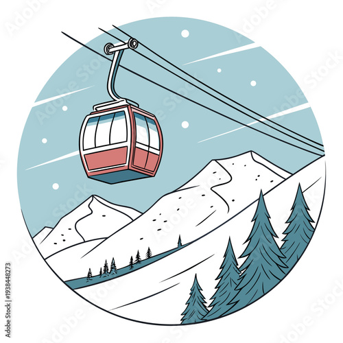 A scenic view of a cable car crossing a snowy mountain landscape Vector