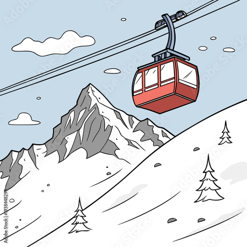 A vibrant illustration of a cable car ascending a snowy mountain peak. Vector