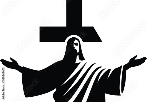 Jesus Christ silhouette with cross and open arms, Christian religion symbol of faith, salvation and worship, spiritual biblical illustration isolated on white background