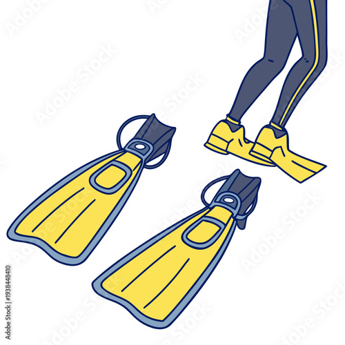 A pair of yellow and blue flippers resting on a sandy beach Vector