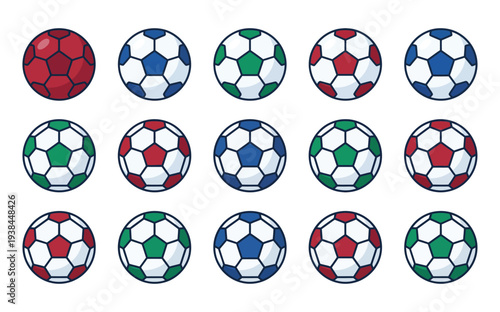 A collection of colorful soccer balls arranged in rows on a white background