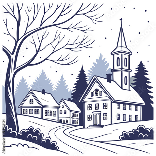 A picturesque village with a church, houses, and a winding road under a tree. Vector