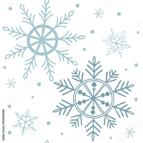 Beautiful snowflakes falling on a white background with a slight blue tint Vector