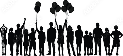 Large group of children silhouettes celebrating together with balloons, diverse kids standing in a row, joyful childhood concept, community, friendship, happiness, isolated on white background