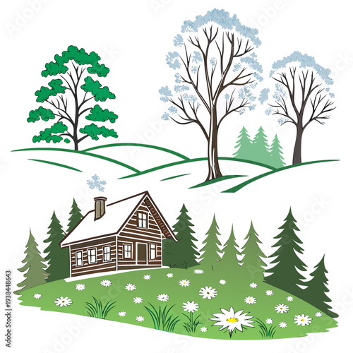 A charming countryside house surrounded by lush greenery and tall trees Vector