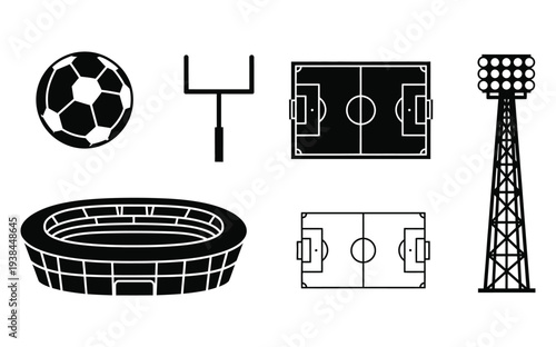 A collection of black and white sports icons on a clean white background