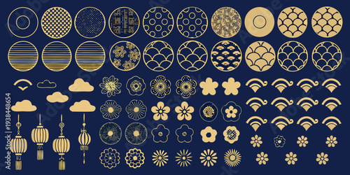 Collection of ornate golden japanese style circular patterns and motifs