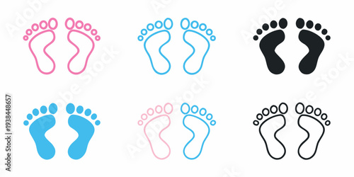 Footprints in varying colors pink blue and black depicting baby steps