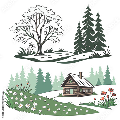 A peaceful countryside scene with a charming house surrounded by nature Vector