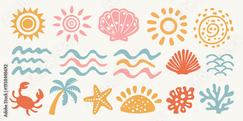 A collection of whimsical colorful summer and ocean themed illustrations