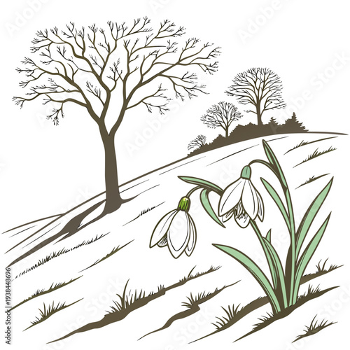 A serene landscape with trees and flowers on a gentle hillside Vector