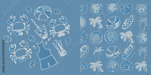 A playful pattern of beach elements crabs shells and tropical plants