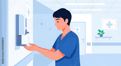 Healthcare worker practicing essential hand hygiene with a wall-mounted automatic sanitizer dispenser in a clean medical facility corridor, promoting public health and safety protocols