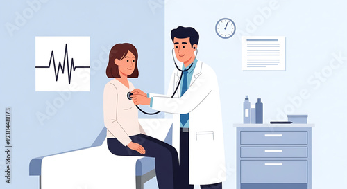 Professional male doctor conducting a thorough medical examination of a female patient in a modern clinic office, listening to her heart with a stethoscope for health checkup