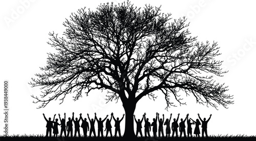 Large tree silhouette with group of people celebrating together under branches symbolizing community unity teamwork nature connection outdoor gathering concept isolated on background