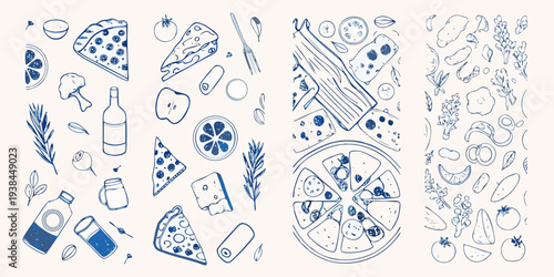Hand drawn illustration featuring various italian foods and culinary elements