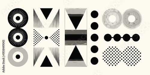 Abstract geometric shapes and patterns in grayscale tones