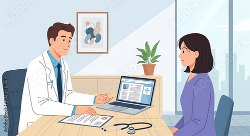Doctor consulting with a patient in a clinic, discussing medical results on a laptop screen
