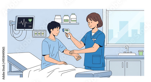 A professional nurse conducts a health examination, taking a patient's temperature with an infrared thermometer in a hospital room, emphasizing medical assessment and care