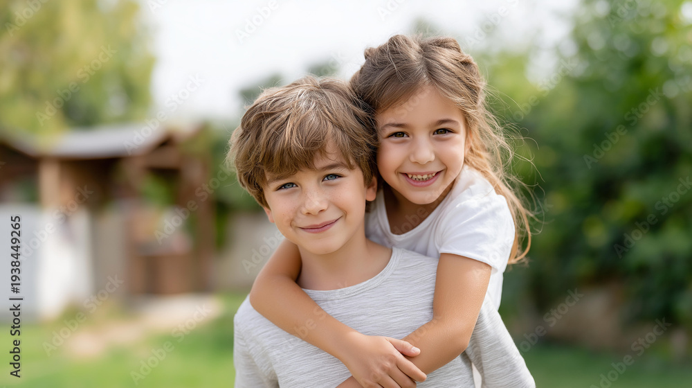 Fototapeta premium Happy smile portrait children outdoor bonding, backyard together sunshine low angle, love kids playing summer holiday, childhood siblings family, hug home outdoor moment, with