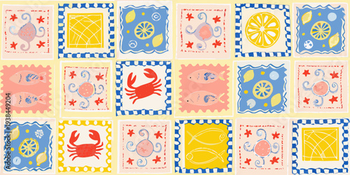 A colorful patchwork of illustrated stamps featuring marine life and citrus