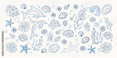 Blue line art illustration of marine life and coastal elements