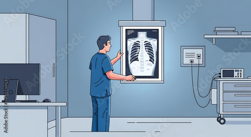 Doctor examining a chest X-ray in a medical examination room