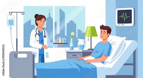 Doctor tending to a patient in a hospital room with a heart monitor displaying vital signs