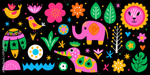 Colorful folk art pattern featuring animals flowers and whimsical shapes
