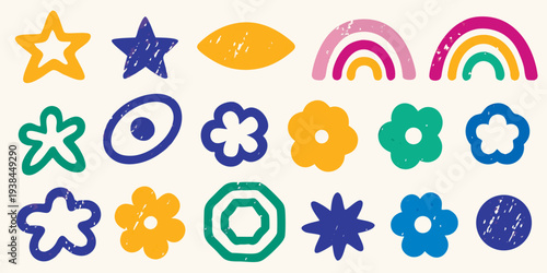 Colorful hand drawn shapes and floral elements arranged on a beige background