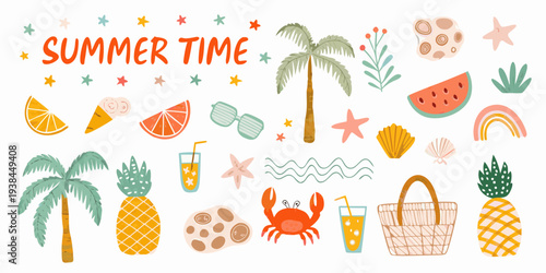 A colorful summer illustration with tropical fruits beach elements and text