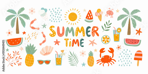 A colorful summer illustration featuring tropical elements and bright lettering