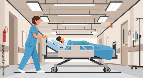 Medical professional guiding patient on gurney down hospital corridor, illustrating healthcare and patient care