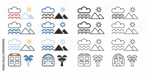 Weather and tropical icons set in color and monochrome styles