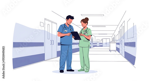 Professional medical team discussing patient care in a hospital corridor, illustrating dedicated healthcare workers collaborating on treatment plans and reviewing patient data