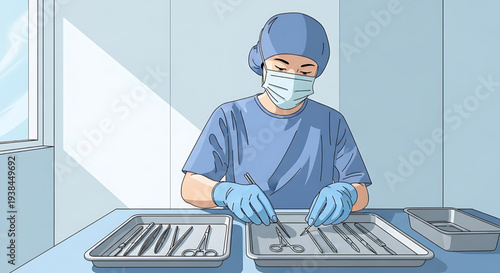 Surgeon wearing mask and gloves meticulously arranging medical instruments in sterile trays for surgery