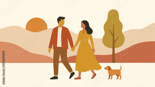 A happy couple walking hand in hand with their dog at sunset