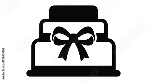 A black icon of a gift box with a bow on a white background