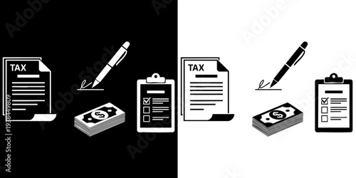 Tax documents and money with pen icons set