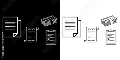 Business documents and money on black and white backgrounds