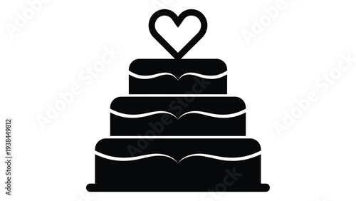 A black silhouette of a three-tiered wedding cake with a heart on top