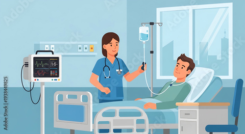 Dedicated healthcare professional providing diligent medical care to a patient receiving intravenous treatment in a modern hospital room, symbolizing recovery and attentive health support services