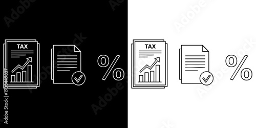 Tax documents with percentage signs and checkmarks on black and white backgrounds